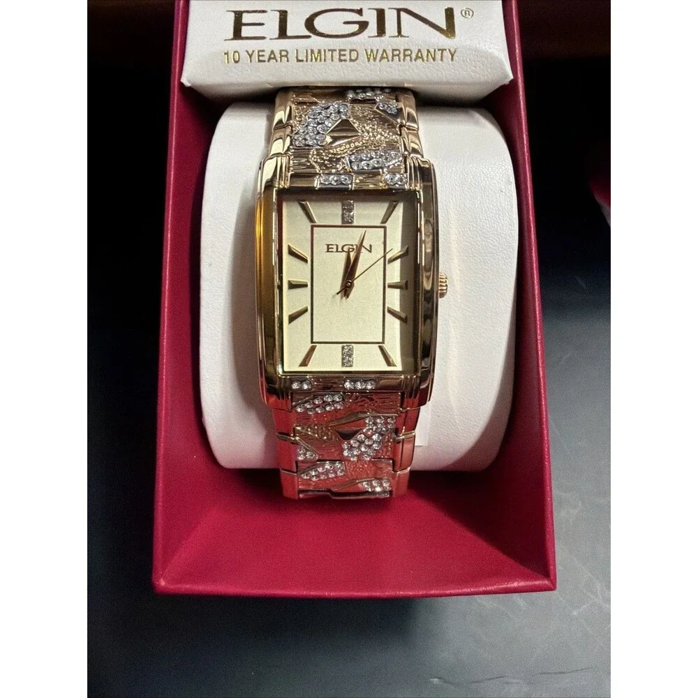 Elgin Men's Gold Tone Rectangular Watch Crystal Accent Textured Bracelet NIB